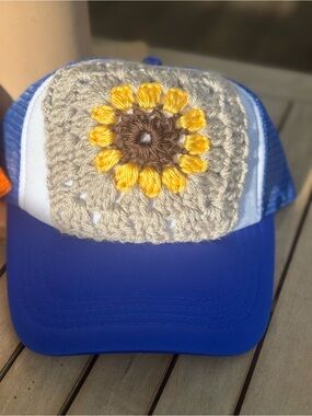 Blue Trucker Hat with Crochet Sunflower Patch